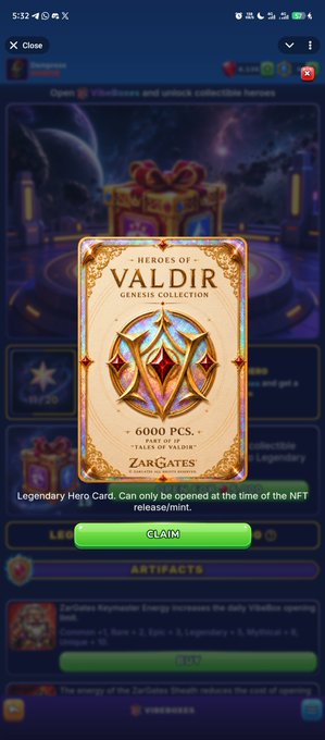 A mobile game screenshot showing a 'HEROES OF VALDIR GENESIS COLLECTION' NFT reward pop-up for 6000 PCS, featuring a Zar'Gates Legendary Hero Card with a green CLAIM button over a fantasy game background.