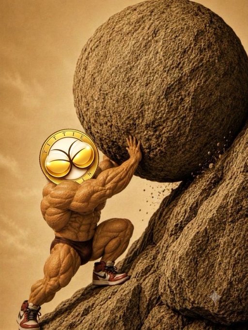 A muscular bodybuilder pushes a massive boulder up a rocky incline, with a Dogecoin-style gold coin logo replacing his head, symbolizing the heavy lift required to "hold" crypto for long-term gains. The image visually reinforces the post's message about the discipline of "buying and holding" memecoins like the one advertised on the CA.