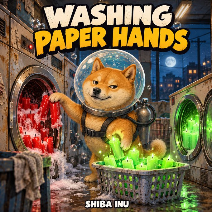 A digital artwork of a Shiba Inu dog in a space helmet doing laundry at a laundromat, with text reading 'WASHING PAPER HANDS' and 'SHIBA INU'.