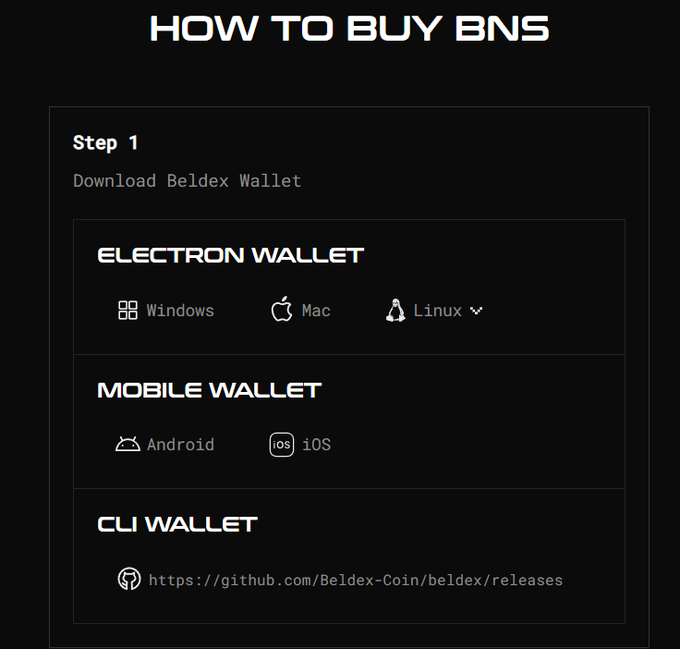 An instructional graphic titled 'HOW TO BUY BNS' showing Step 1 to download Beldex Wallet, with options for Electron Wallet (Windows, Mac, Linux), Mobile Wallet (Android, iOS), and CLI Wallet (GitHub link).