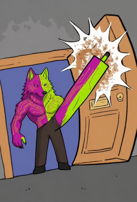 A digital illustration of a cyberpunk-style wolf character with pink and yellow split coloring, wearing dark pants, kicking a door open with an oversized glowing green and pink mechanical leg.