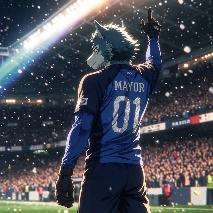 Anime-style illustration of a wolf-headed goalkeeper wearing a blue jersey with 'MAYOR' and the number '01' on the back, pointing upward on a soccer field while confetti falls in a packed stadium.