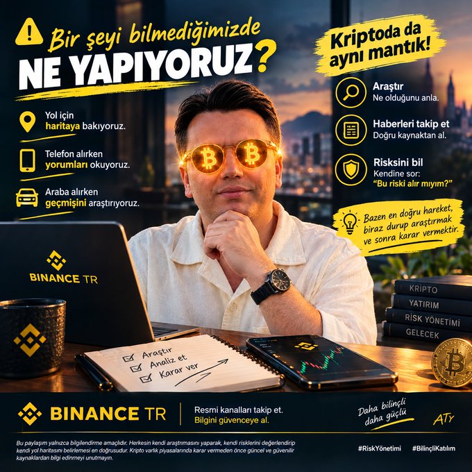 A Binance TR marketing infographic featuring a man wearing Bitcoin-themed sunglasses at a laptop, promoting crypto investment research, with Turkish text encouraging viewers to "research, follow news, and know the risks" before investing, mirroring the post's message about researching before making decisions.