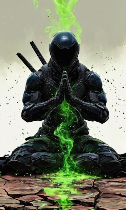 An illustration of an armored ninja sitting in a meditation pose with hands clasped, surrounded by swirling green energy on cracked ground.