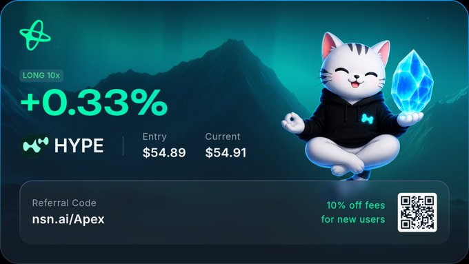 A promotional graphic displays a "+0.33%" long position on HYPE at an entry of $54.89 and current price of $54.91, featuring a cartoon white cat holding a glowing blue crystal alongside a referral code "nsn.ai/Apex" offering 10% off fees for new users. The image reinforces the post's bullish thesis on HYPE as an undervalued asset being accumulated during the dip for long-term holding.