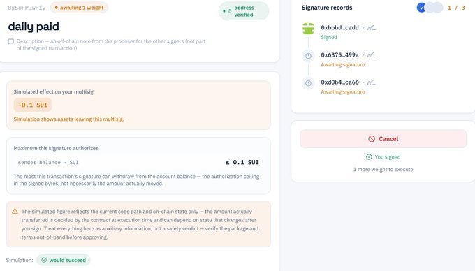 A web interface for a Sui multisig transaction showing a "daily paid" transaction awaiting signatures from addresses 0x6375...499a and 0xddb4...ca66, with a simulation indicating a -0.1 SUI balance effect and one signature already collected from 0xbbbd...cadc. The interface displays transaction security checks including maximum withdrawal authorization limits and a warning about verifying package information, aligning with the post's mention of open-sourced multisig web code featuring transaction security checks.