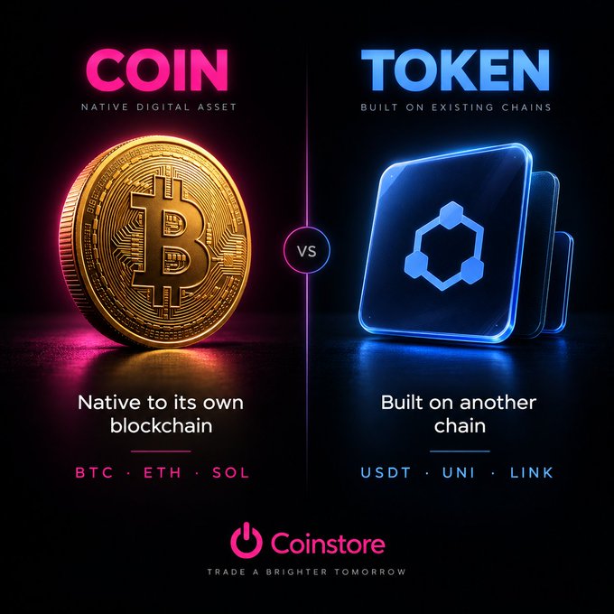 A 'Coin vs Token' comparison infographic from Coinstore, contrasting a Bitcoin coin labeled 'COIN - Native Digital Asset' (BTC, ETH, SOL) with a glowing blue token labeled 'TOKEN - Built on Existing Chains' (USDT, UNI, LINK).