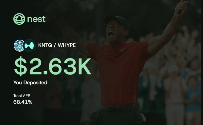 A financial app interface shows a Nest deposit of '$2.63K' for the account 'KNTQ / WHYPE', displaying a Total APR of 68.41% against a background of a cheering golfer.