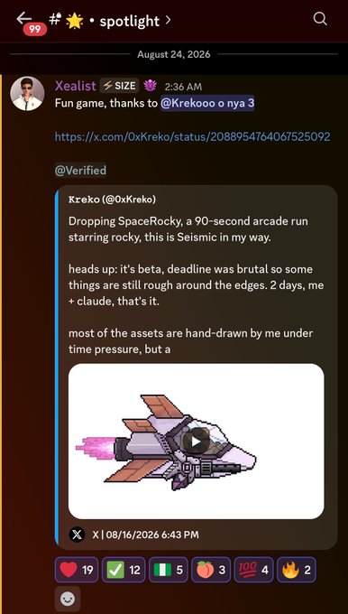A social media post from 'Xealist' dated August 24, 2026, mentioning a game called 'SpaceRocky' with an embedded video of a pixel-art spaceship.