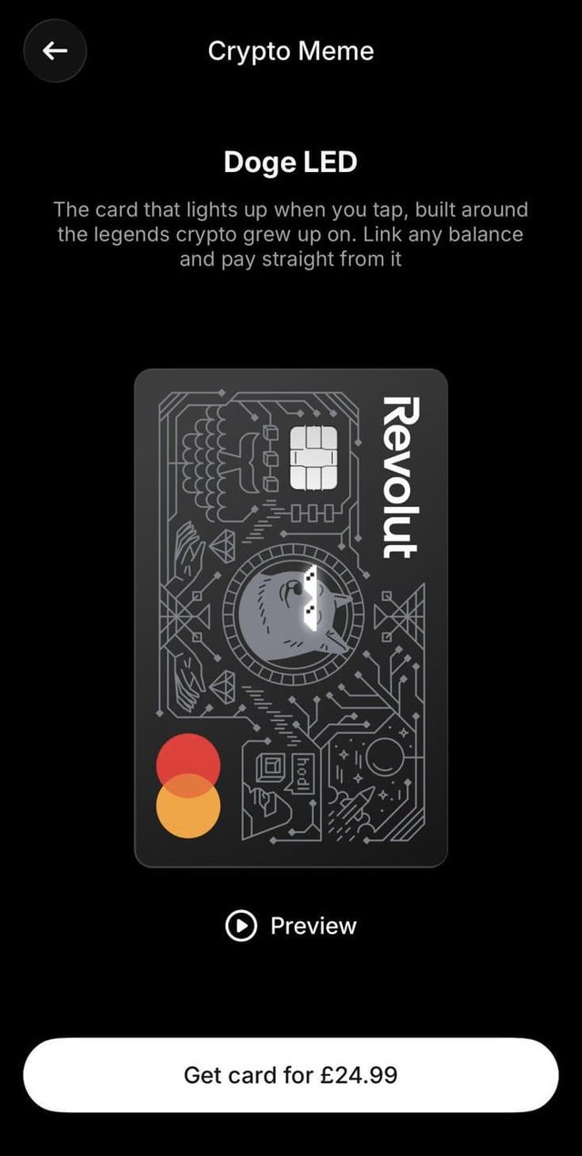 Revolut 'Crypto Meme' card product page featuring the 'Doge LED' card design, described as 'The card that lights up when you tap, built around the legends crypto grew up on,' priced at £24.99.