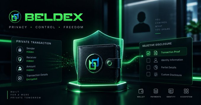 A promotional graphic for "BELDEX" highlighting features like "PRIVACY," "CONTROL," and "FREEDOM," with sections detailing "PRIVATE TRANSACTION" and "SELECTIVE DISCLOSURE."