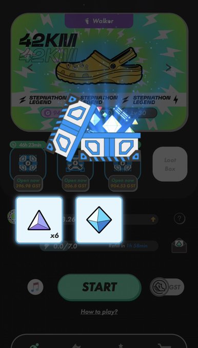 The image shows a phone screen with an app icon displayed, which appears to be a mobile game. The main focus of the image is a blue diamond-shaped object that has a purple triangle on top and a white square below it. This object is located in the center of the screen, surrounded by other icons related to the game. The background of the image features a green color with a yellow lightning bolt design. There are also some text elements present, such as "42KM" and "4KM Stepn".