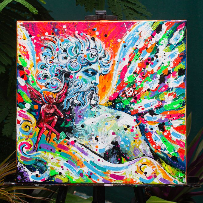 A vibrant mixed-media painting on a canvas depicts a bearded classical figure in profile alongside a small red winged creature, surrounded by colorful abstract splatters and patterns.