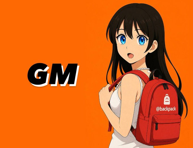 An anime-style illustration shows a girl with blue eyes and a red backpack labeled '@backpack,' with the text 'GM' on an orange background.