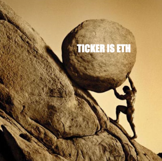 The image features a man standing on top of a large rock, holding onto it with both hands as he exerts effort to move the rock. The background of the image is a pale yellow color, which contrasts with the dark brown rock that the man is standing on. In the bottom right corner of the image, there's text that reads "TICKER IS ETH".