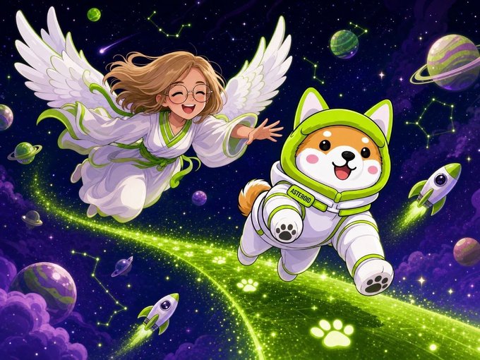 A winged girl and a Shiba Inu astronaut float joyfully through a starry cosmos alongside rockets and paw-print trails, matching the post's theme of $ASTEROID supporting @Liv_Stargrace Foundation, with the dog's spacesuit labeled "ASTEROID" to symbolize the project's charitable mission.