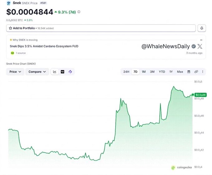 CoinGecko price page for Snek (SNEK) at $0.0004844, up 9.3% over 7 days, with a chart showing a recent upward trend from $0.00042 to $0.00048.