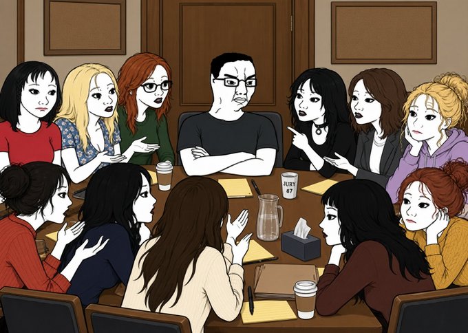 A stern-faced man at the center of a boardroom table is being confronted by a group of women pointing at him and gesturing accusingly, with a coffee cup labeled "JURY #7" suggesting his isolation, mirroring the post's plea for a husband to share his story of contrarian Bitcoin buying during a market sell-off.