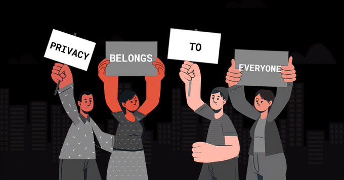 An illustration of four people holding up signs that together read 'PRIVACY BELONGS TO EVERYONE' against a dark city skyline.