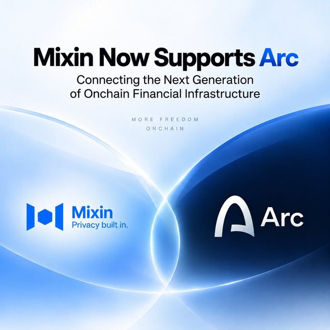 Promotional graphic reading 'Mixin Now Supports Arc - Connecting the Next Generation of Onchain Financial Infrastructure' with logos for Mixin and Arc.