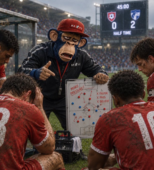 A photorealistic image shows a coach wearing a chimpanzee mask and a "BA NYC" red cap giving a halftime team talk; the scoreboard behind reads 0-2 with "45:00 HALF TIME", while his tactics board shows notes like "MORE PRESSURE!", "X FASTER", "X PASS", and "X BELIEVE".