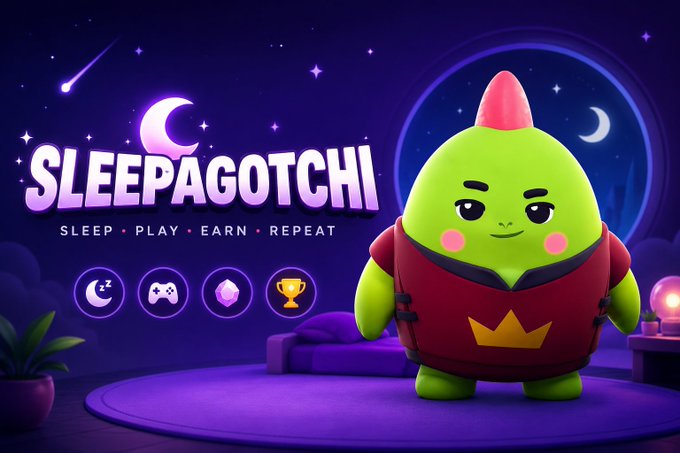 A promotional banner for 'SLEEPAGOTCHI' with the tagline 'SLEEP • PLAY • EARN • REPEAT', featuring a green cartoon character with a pink mohawk wearing a red vest with a crown emblem, set against a starry night background.
