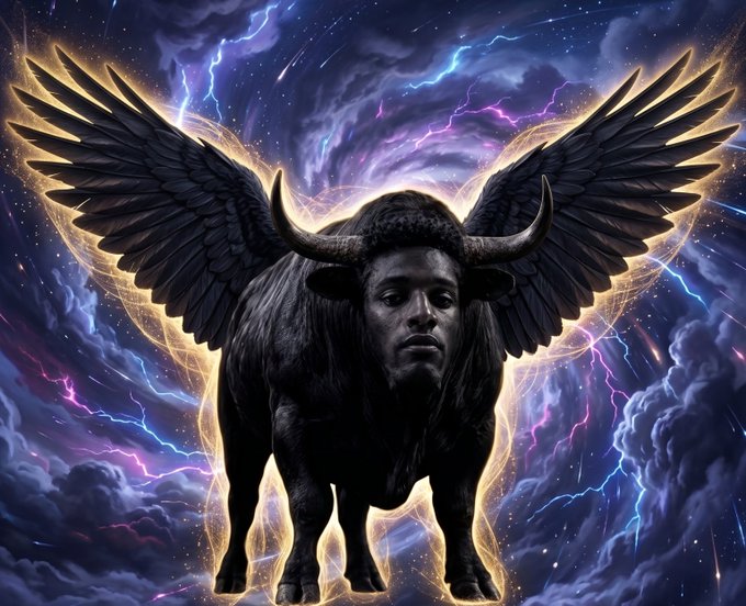 A digital fantasy artwork depicting a winged bull with a human-like face standing amid dramatic storm clouds and lightning.