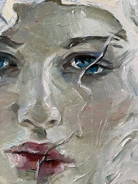 An oil painting-style close-up portrait of a woman's face featuring a distressed, cracked texture effect with blue eyes and pink lips.