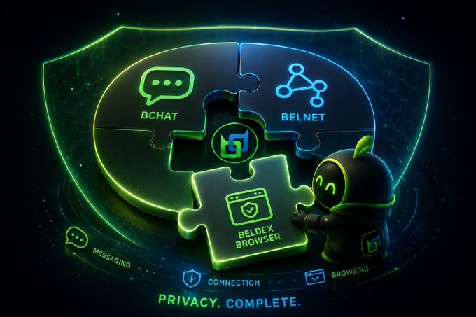 A neon green and blue graphic shows the Beldex ecosystem forming a puzzle shield, featuring "BCHAT" (Messaging), "BELNET" (Connection), and "BELDEX BROWSER" (Browsing) pieces, with a small ninja-like mascot and the tagline "PRIVACY. COMPLETE." at the bottom. The image illustrates the post's point that a VPN alone isn't enough for true privacy, highlighting how the Beldex Browser fills the gap by addressing browser-level leaks through cookies, ad trackers, and fingerprinting.
