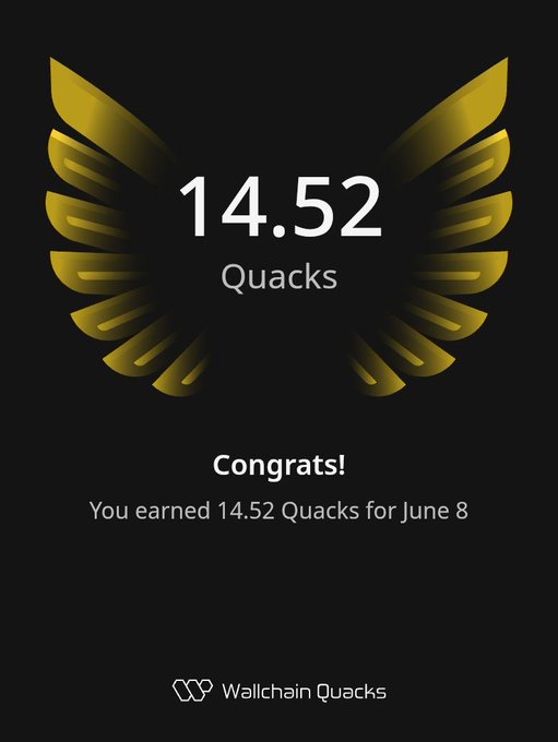 In the image, there's a poster with an illustration featuring wings and a gold emblem. This poster shows someone who has achieved 1452 Quacks for June 8 of this year. The text below the design reads "Congratulations! You earned 14.52 Quacks for June 8 from @wallchain Quack...", indicating that the person received a reward or prize in the form of Quacks for their accomplishments during the given date.