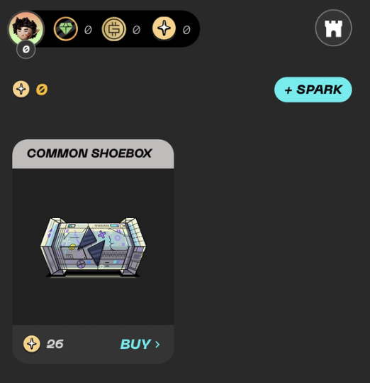 Mobile app store interface showing a 'COMMON SHOEBOX' item priced at 26 SPARK currency, featuring a futuristic silver and purple sci-fi crate design.