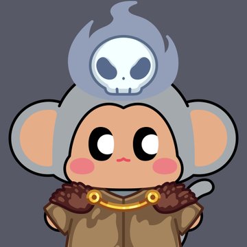 A cute cartoon character with gray mouse-like ears, a skull-flamed headpiece, and a brown cloak with gold ring details is shown against a gray background. The whimsical art style matches the post's promotion of a slept-on ChimpersHQ NFT collection.