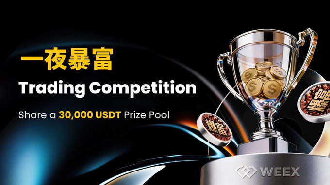 The image promotes a WEEX "一夜暴富" Trading Competition featuring a silver trophy filled with gold coins, advertising a shared 30,000 USDT prize pool for participants. The accompanying post elaborates on the promotion, highlighting zero trading fees, a 10 USDT new user bonus for first-time spot traders, and rewards tied to spot trading volume.