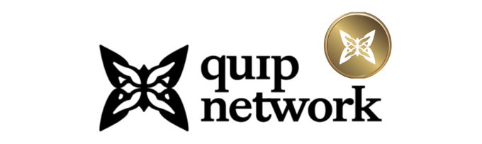 The image showcases the quip network logo, featuring a black butterfly-like emblem alongside the text "quip network" and a gold coin displaying the same butterfly symbol, which represents the $QUIP token mentioned in the post about their decentralized compute network.