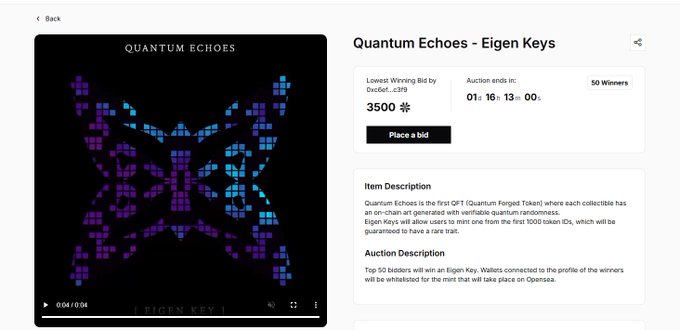 An OpenSea auction page for 'Quantum Echoes - Eigen Keys' NFT collection showing a purple and blue geometric butterfly artwork, lowest bid 3500, with auction ending in 1 day 16 hours.