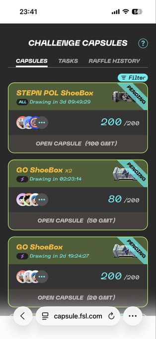 A mobile screenshot of the challenge capsules page on capsule.fsl.com, displaying pending drawings for STEPN POL ShoeBox and GO ShoeBox X2 and GO ShoeBox capsules.