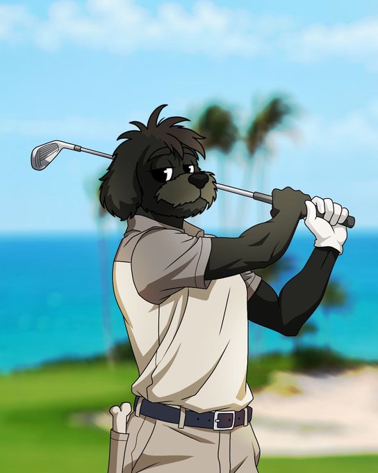 An anthropomorphic dark-furred dog wearing a polo shirt, khaki pants, and a white golf glove confidently follows through on a golf swing, with a tropical beach and palm trees in the background. The image playfully illustrates the post's caption by transforming a typical dog-and-golf-club gag into a more sophisticated scene of a canine golfer taking a proper swing rather than chasing after balls.