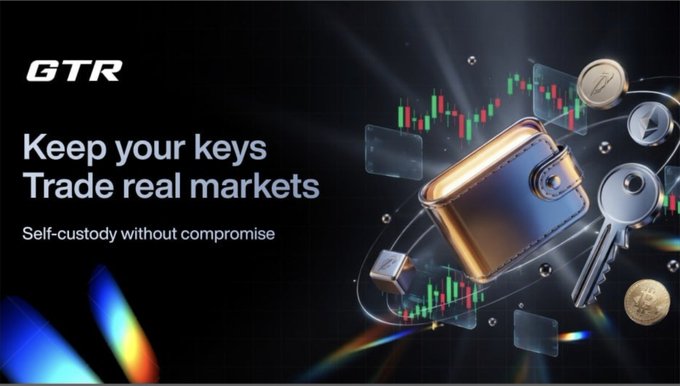 A promotional banner for GTR features the tagline "Keep your keys, Trade real markets" and "Self-custody without compromise," accompanied by visuals of a leather wallet, keys, and cryptocurrency coins against a candlestick chart background. The image reinforces the post's emphasis on self-custody and non-custodial trading across various markets like meme coins, NCLD Perps, and multiple blockchain networks.