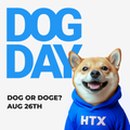 A "DOG DAY" promotional graphic dated "AUG. 26TH" with "DOGE OR DOGE?" text, featuring a Shiba Inu dog wearing a blue "HTX" sweater.