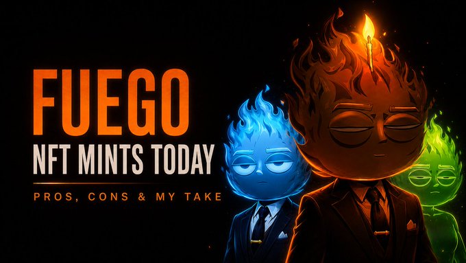 The image is a promotional graphic featuring three cartoon-style characters with flame-shaped heads in blue, orange, and green, wearing suits, alongside bold text reading "FUEGO NFT MINTS TODAY - PROS, CONS & MY TAKE." It serves as a thumbnail for a post announcing the Fuego NFT mint on August 6, with the post sharing the author's personal analysis and minting plans for the Ethereum-based collection.