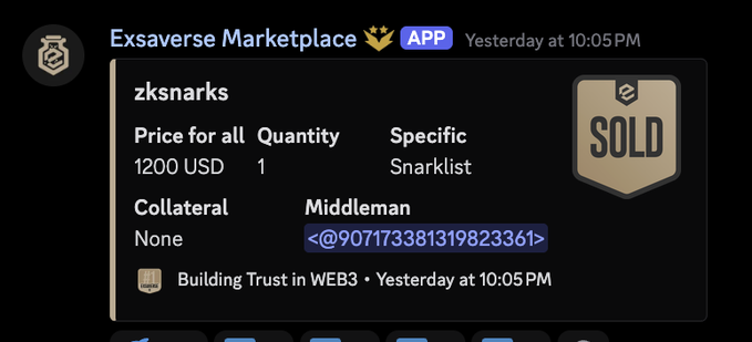 A Discord message from Exsaverse Marketplace listing 'zksnarks' sold for 1200 USD with a SOLD badge and middleman contact.