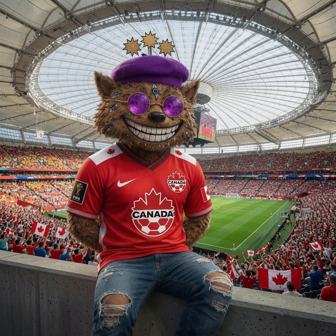 The image features a mascot dressed up as a Canadian soccer player, sitting on a ledge at a stadium with a large crowd of fans behind him. The mascot is wearing a red jersey that says "Canada" and has purple sunglasses. The caption reads "Let's GO CANADA $XRP Army: $FUZZY is mentally at BC Place in Vancouver, BC supporting Team Canada Are you watching #Canadians? #XRP #CryptoTwitter #X #FIFA #Canada #USA #Mexico". This post seems to be promoting a charity event or fundraiser for the Canadian team.