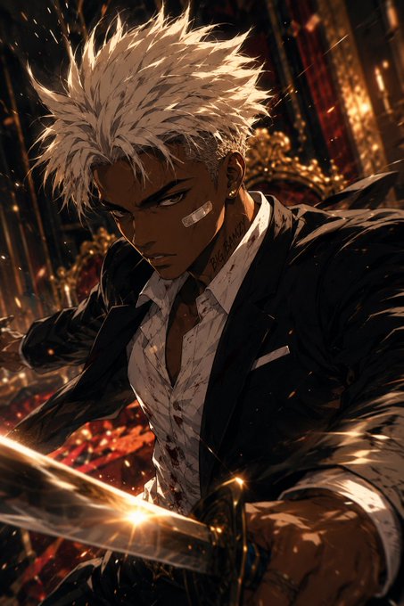 A fierce anime warrior with spiky white hair, a bandaged and bloodied face, tattered shirt and dark jacket, wields a glowing blade amid fiery embers and a golden throne backdrop—mirroring the post's determined "Monday grind" energy with a battle-ready, "let's get it" attitude.