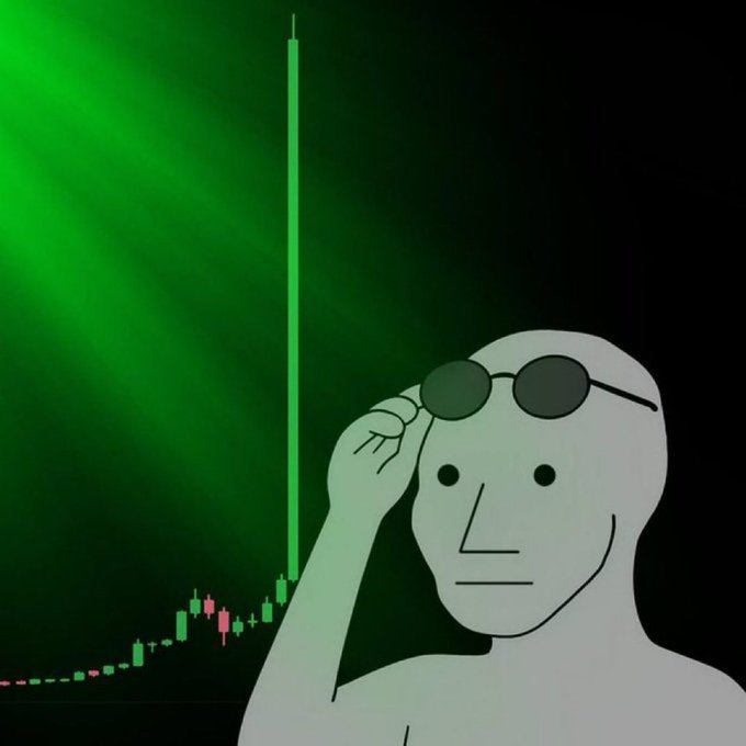 A minimalist gray figure wearing round sunglasses saluting in front of a stock chart showing a dramatic green vertical spike, suggesting a major market pump.