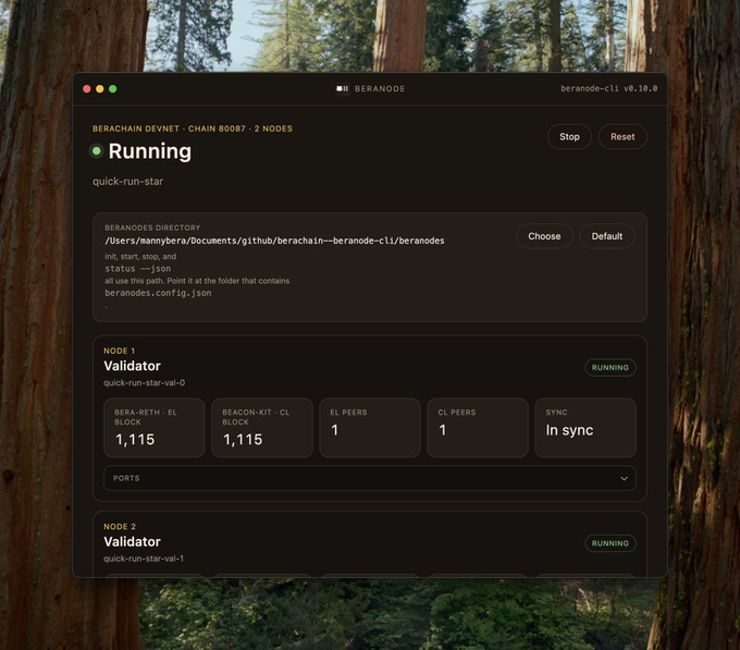 A desktop window titled "BERANODE" displays the "beranode-cli v0.18.0" interface running "BERACHAIN DEVNET · CHAIN 80087 · 2 NODES" with a green "Running" indicator, showing two Validator nodes (Node 1: "quick-run-star-val-0" and Node 2: "quick-run-star-val-1") both marked as "RUNNING," along with metrics like Bera-Reth EL Block and Beacon-Kit CL Block at 1,115, and EL/CL Peers at 1. The image illustrates Berachain's streamlined two-node deployment setup, visually supporting the caption's claim that the CLI and native Mac client make running validator nodes straightforward and accessible for both local and cloud environments.