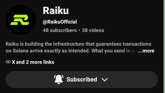 A YouTube channel profile for 'Raiku' (@RaikuOfficial) showing 48 subscribers and 38 videos, with a description mentioning building infrastructure for Solana transactions.