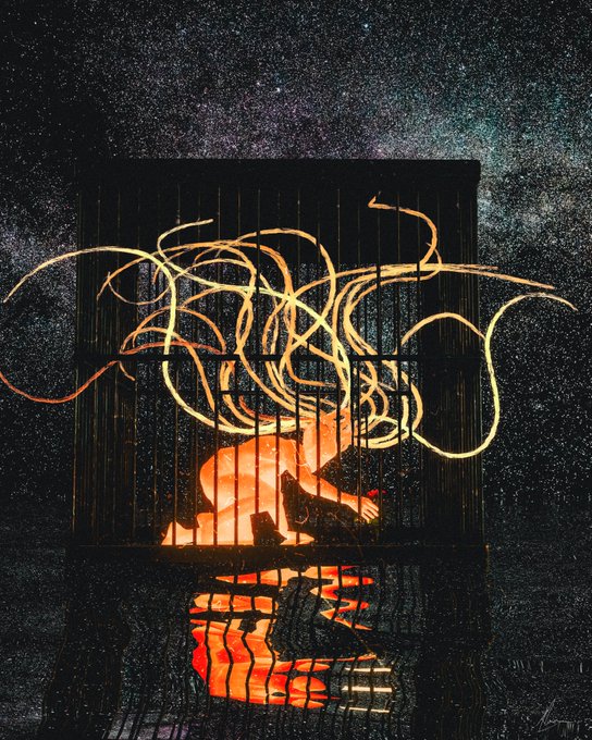 Dramatic nighttime image of a person working with molten glass inside a furnace, creating swirling orange tendrils of hot glass against a starry cosmic background.