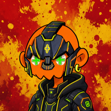 A stylized orange-skinned cyborg character with glowing green cross-shaped eyes and high-tech gear stands against a vibrant red and yellow splatter background. The image appears to be original character artwork whose creator is expressing frustration about being "fudded" (a crypto term for having a project undermined) on-chain, suggesting their NFT reveal was sabotaged by critics or competitors, ruining their excitement to debut this design.