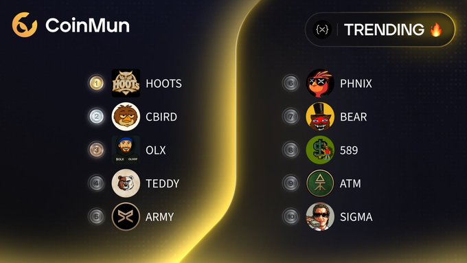 A CoinMun cryptocurrency platform screen displays a 'TRENDING' list featuring meme coins such as 'HOOTS', 'CBIRD', 'PHNIX', 'BEAR', and 'SIGMA'.