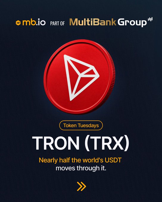 A promotional graphic for MultiBank Group's "Token Tuesdays" series features the red TRON (TRX) coin prominently against a dark background, with the caption highlighting that "Nearly half the world's USDT moves through it." The image aligns with the accompanying post by introducing TRON as this week's featured token spotlight, emphasizing its significant role in global USDT transactions.